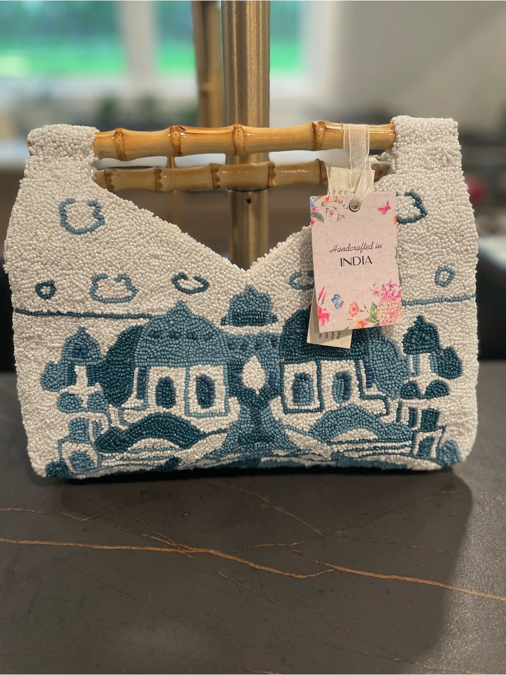 Handcrafted in India White & Blue Santorini Beaded Bamboo-Handle Clutch